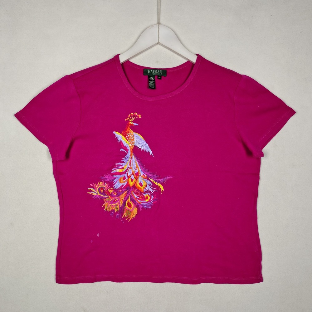 Lauren Ralph Lauren Petite Pink Peacock Embroidered Cotton T-Shirt PL